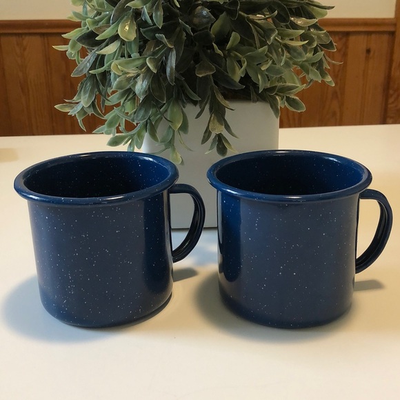 Set of 2 Vintage Blue Speckled Enamel Coffee Mugs - Picture 1 of 6